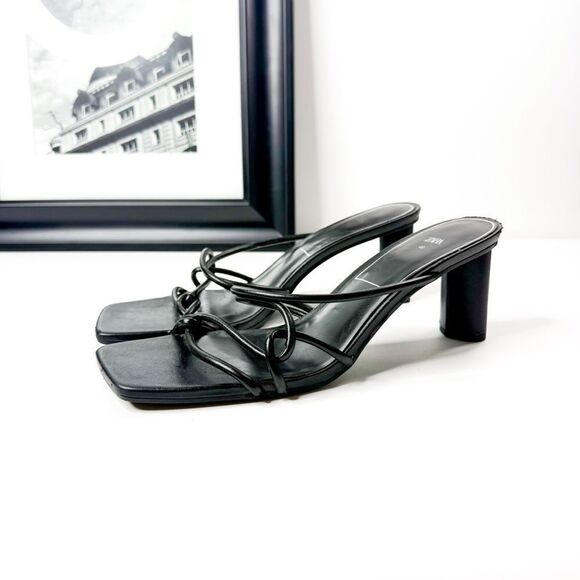 Zara Women's Black Strappy Block Heeled Sandals | Size 40 | Square Toe Slip-On - Picture 1 of 8